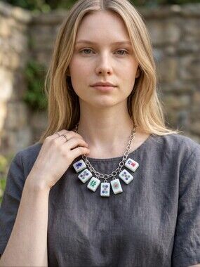 MAHJONG LOVERS NEW DESIGNER UNIQUE CHAIN NECKLACE MAHJONG TILE PENDANTS CHARM...